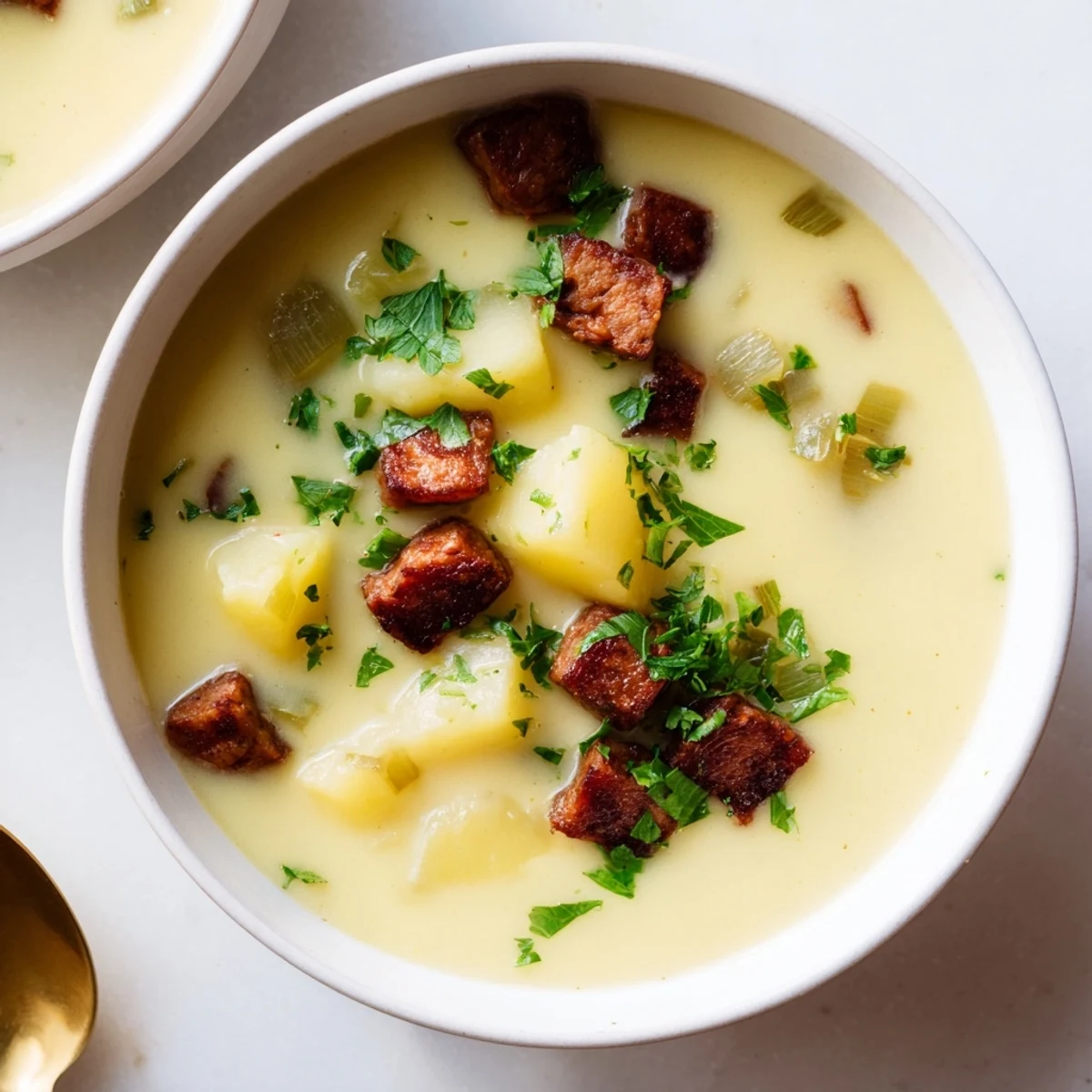 Steaming bowl of Potato, Leek & Chorizo Soup, garnished with parsley, ready to eat.