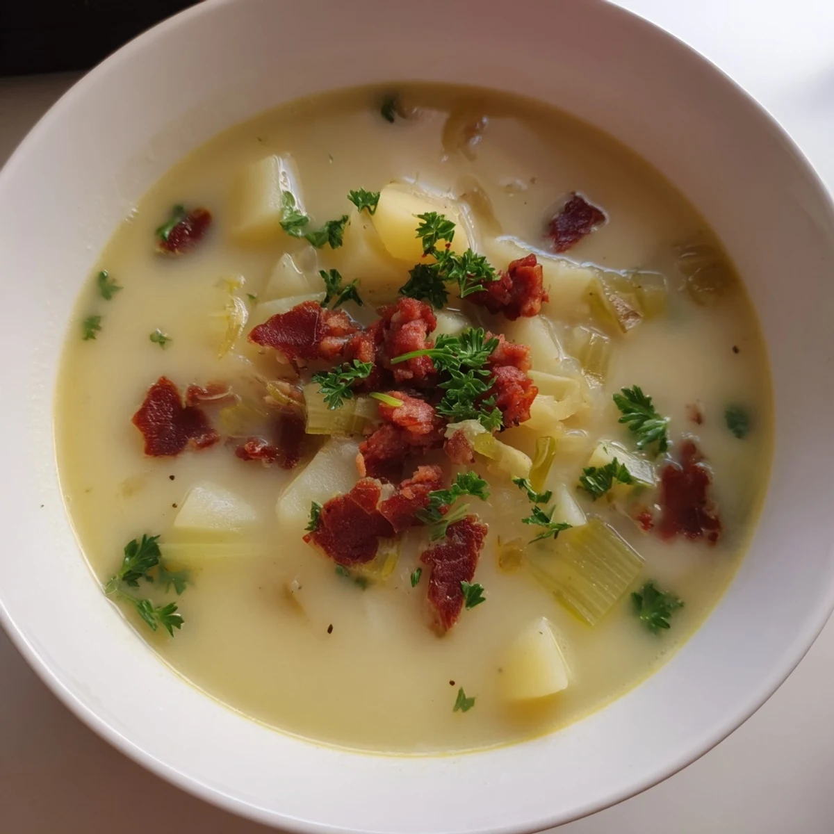 Close-up of a rustic Potato, Leek & Chorizo Soup bowl, perfect for a cold evening meal.