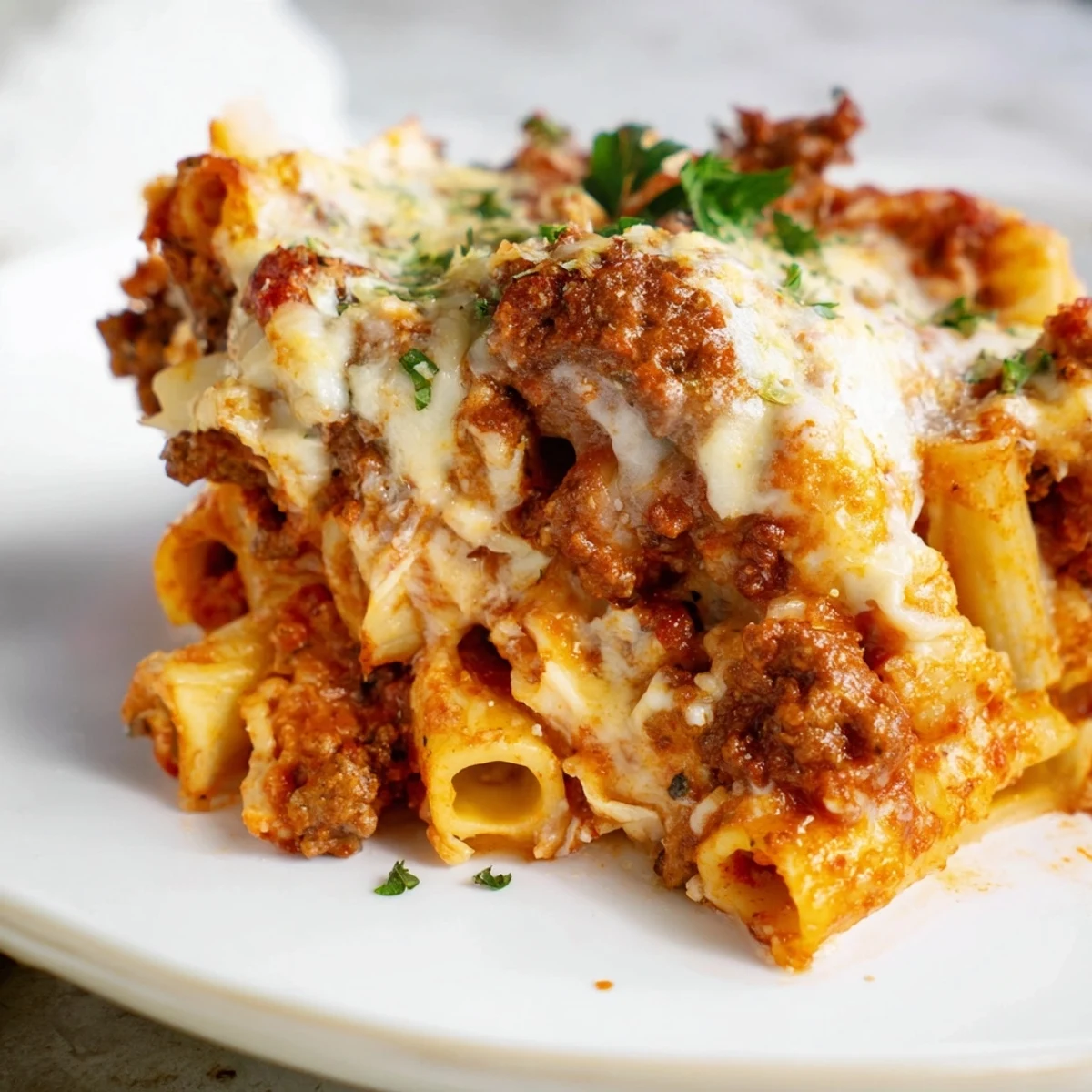 Delicious baked ziti with meat sauce, loaded with melted mozzarella and ready for a hearty meal.