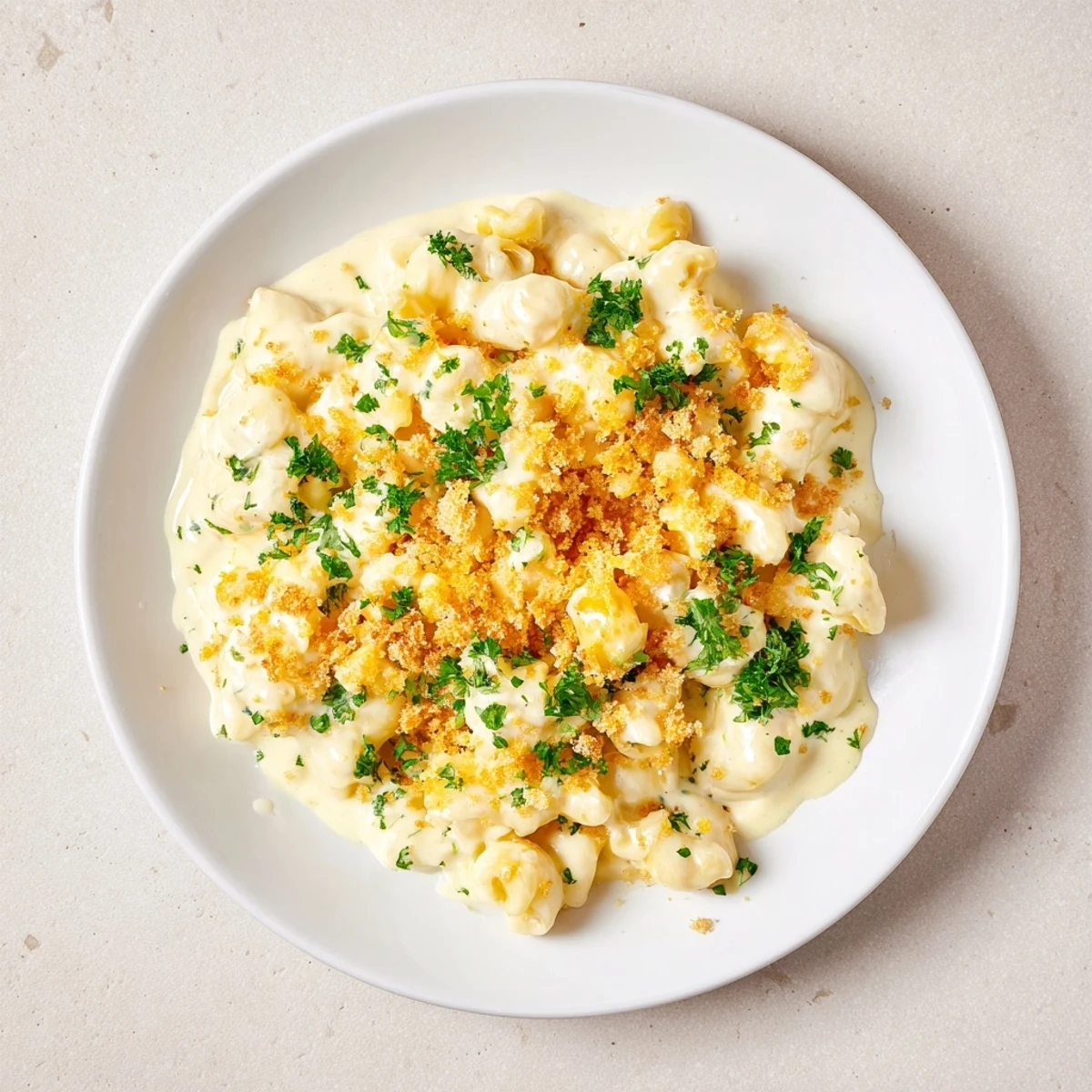 Golden-brown Truffle Macaroni & Cheese, bubbly and sprinkled with Parmesan, ready to eat.