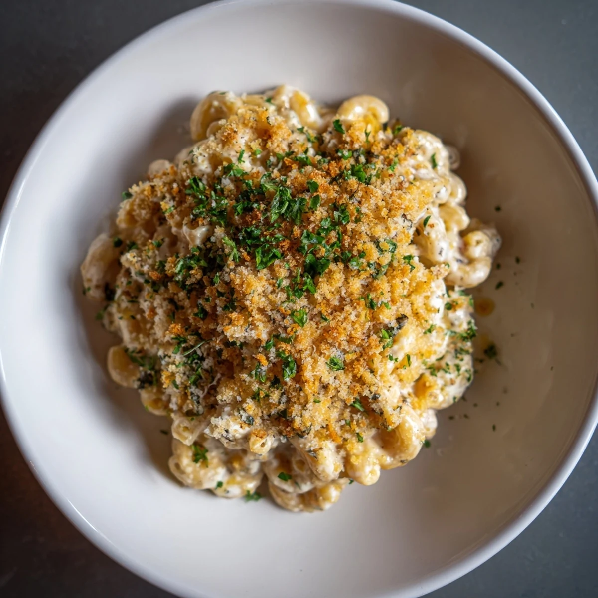A close-up of cheesy Truffle Macaroni & Cheese, showcasing the creamy sauce and rich aroma.