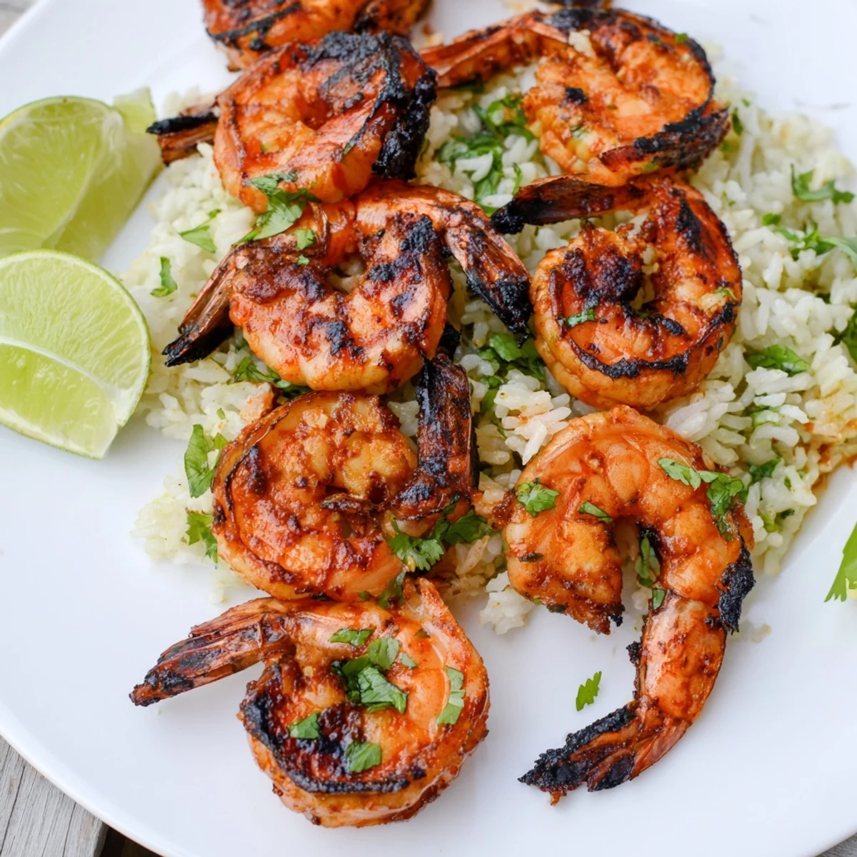 Close-up of freshly grilled Chipotle Lime Shrimp & Rice, showcasing perfectly cooked shrimp and lime wedges.