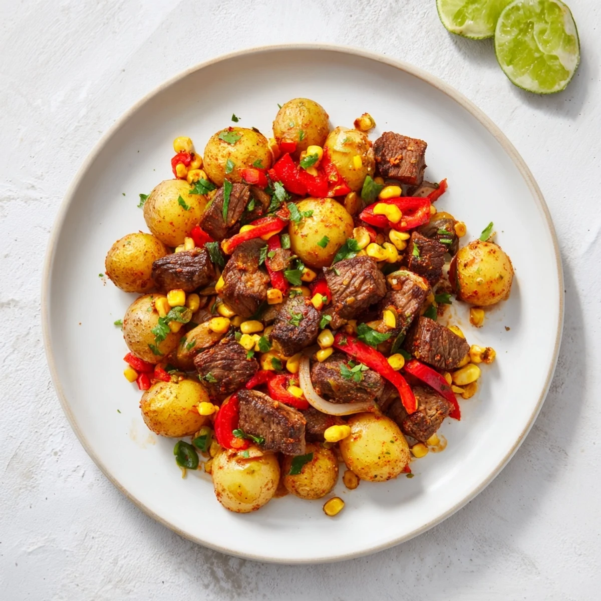A sizzling skillet of Southwest Steak & Potato Skillet with browned steak and golden potatoes.