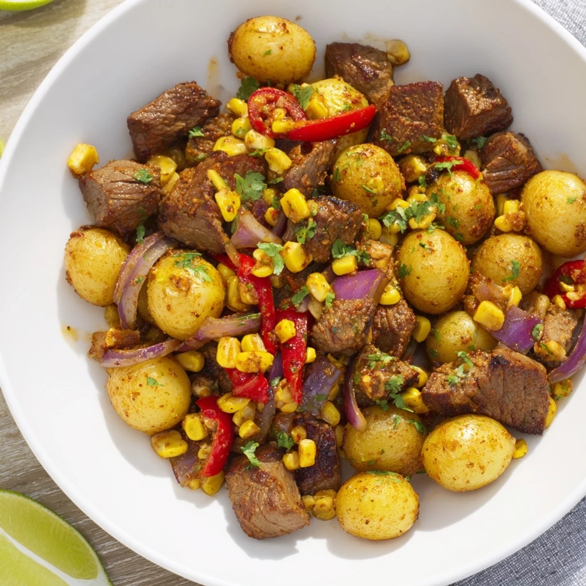 Fresh cilantro garnishes a vibrant bowl of Southwest Steak & Potato Skillet with lime wedges on the side.