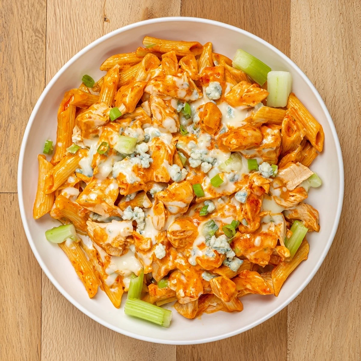 Steaming skillet of Buffalo Chicken Pasta, loaded with creamy sauce, melted cheese, and tender chicken.