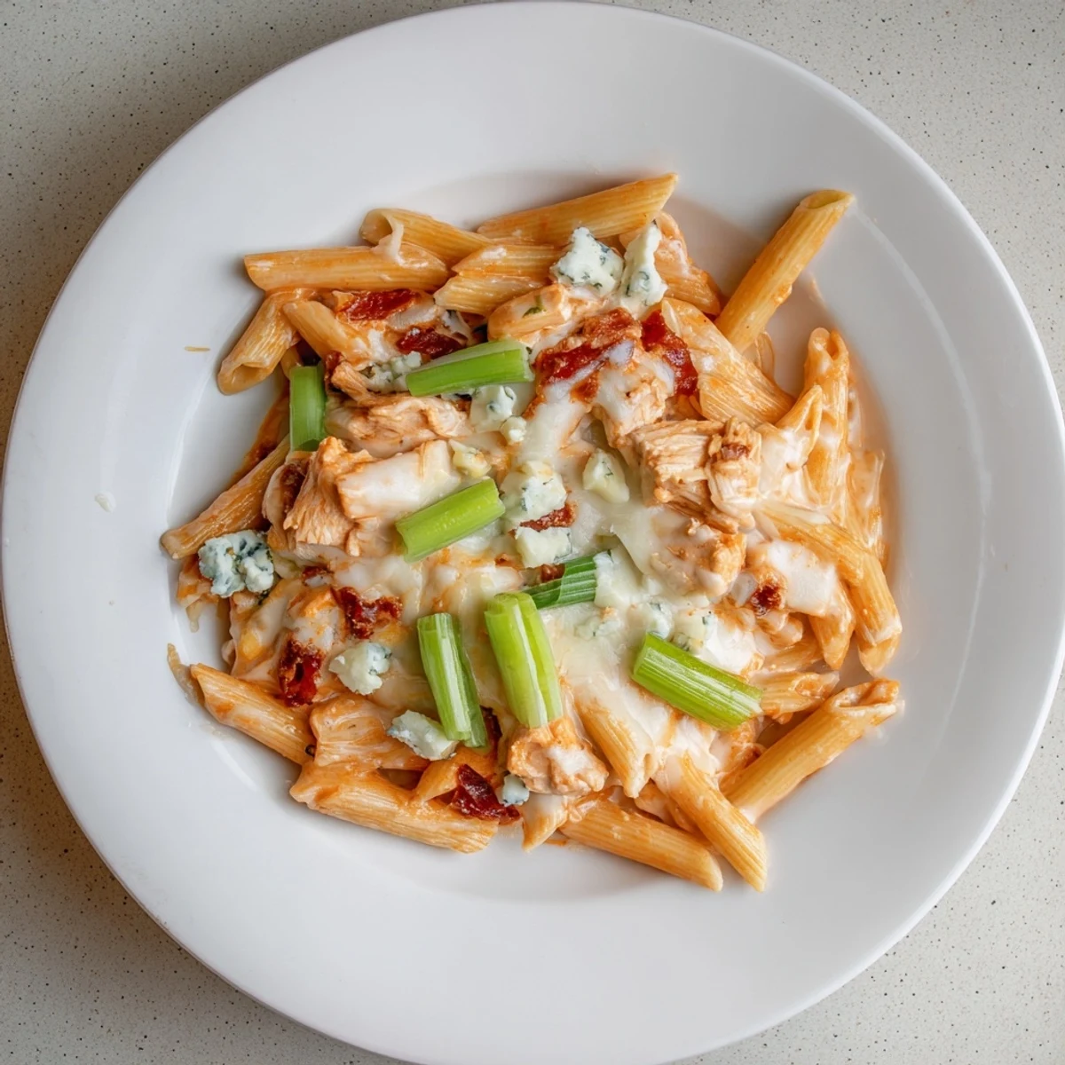 A close-up view reveals a bubbling Buffalo Chicken Pasta skillet with a vibrant, flavorful sauce and fresh herbs.