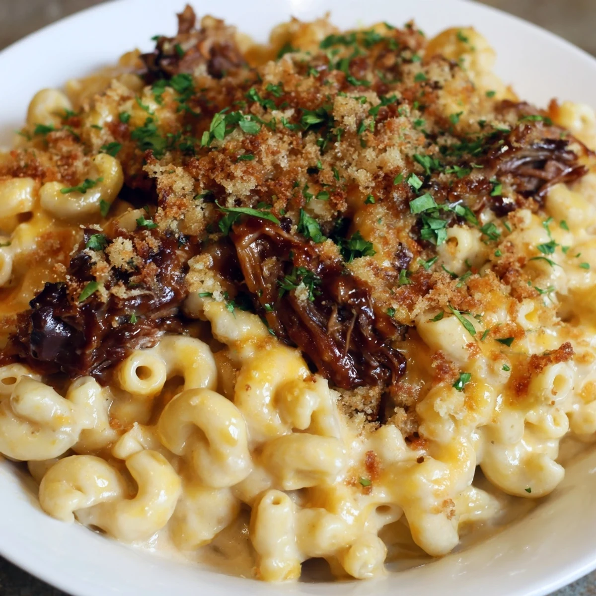 Hearty Barbecue Pulled Pork Mac and Cheese, with a crispy golden topping, ready to serve and enjoy.