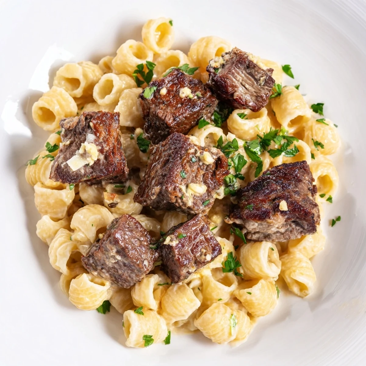 Sizzling Garlic Butter Steak Bites atop creamy cheesy shells, ready for a delicious dinner.