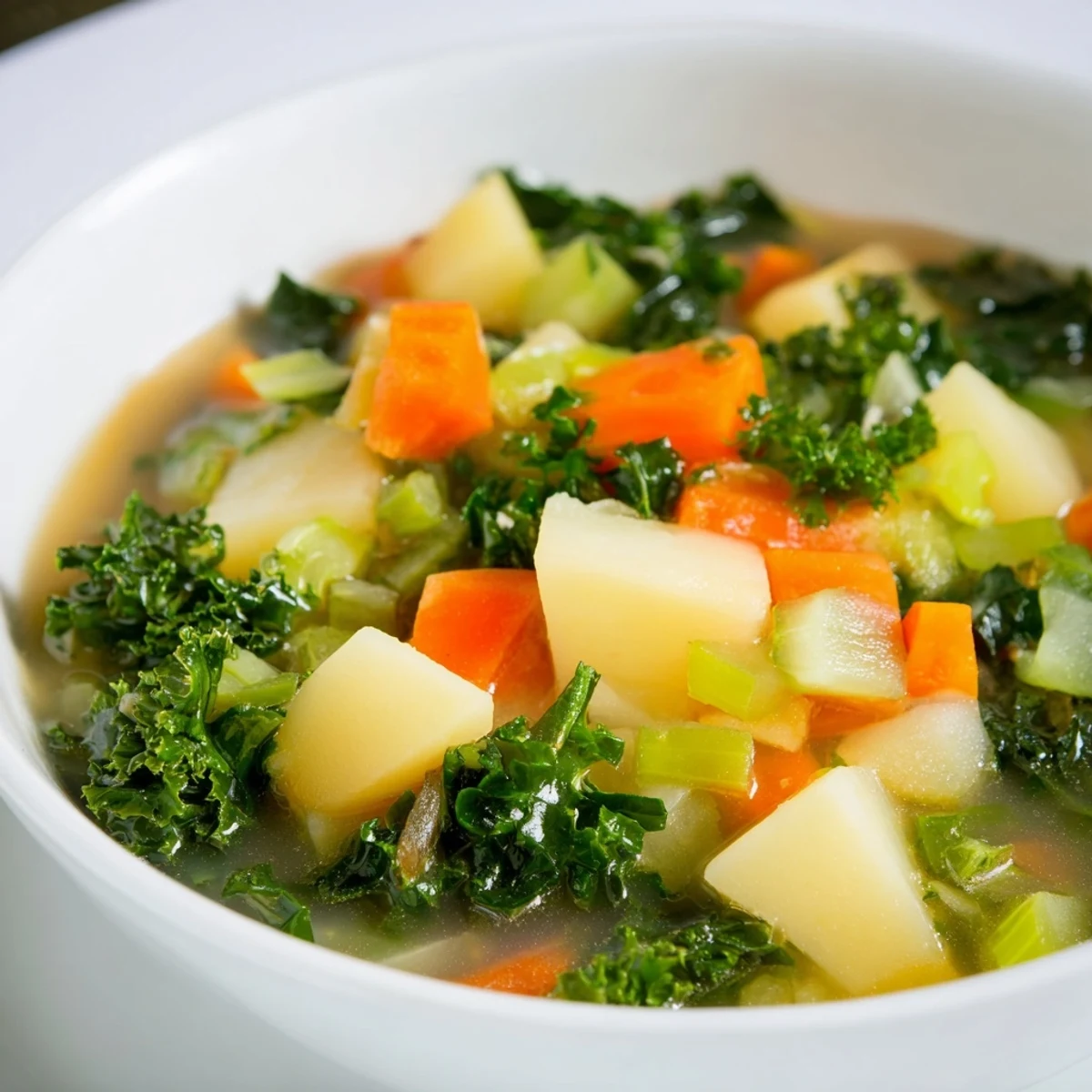 Flavorful Vegetarian Potato-Kale Soup, a filling vegetarian meal served with crusty bread nearby.
