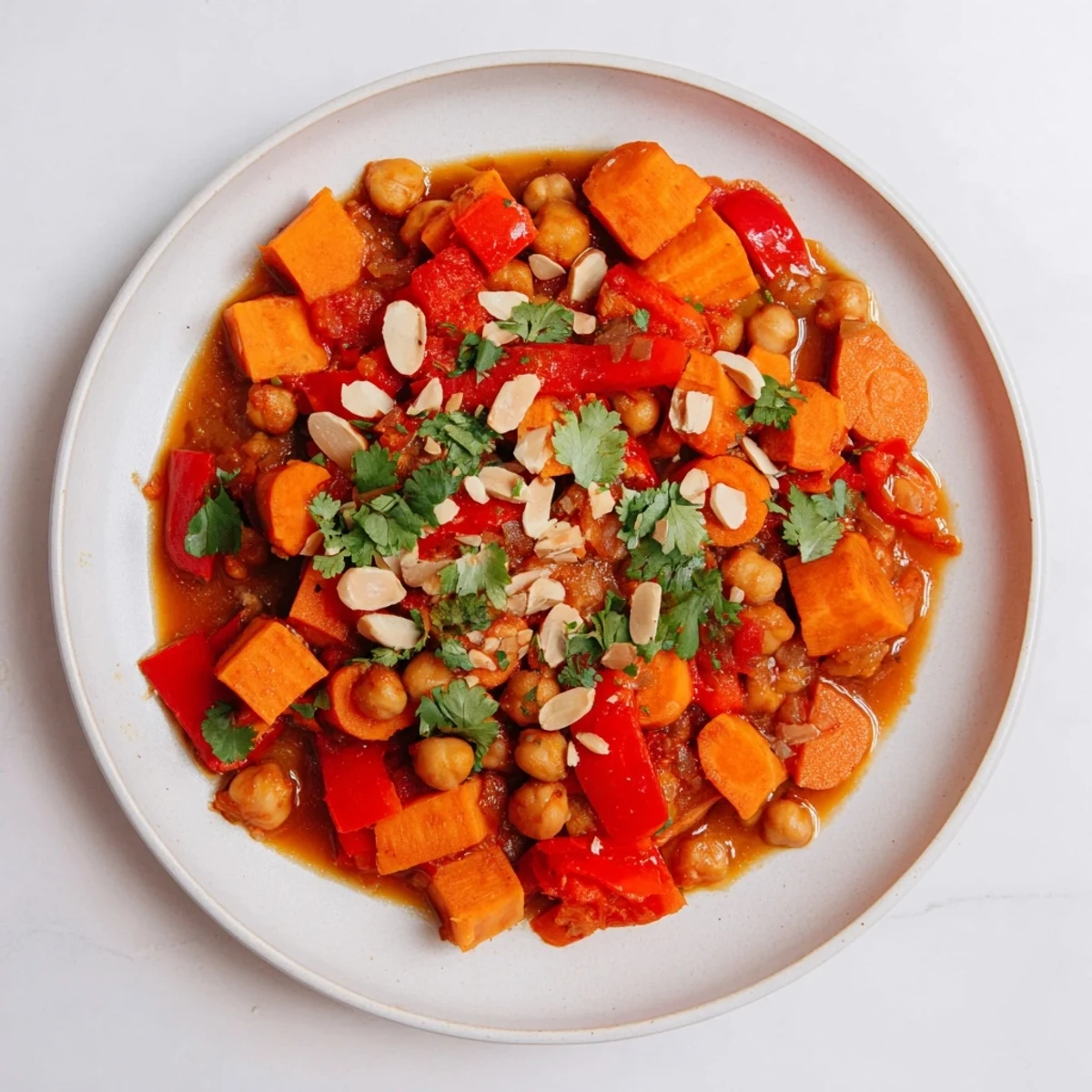Aromatic, inviting bowl of Moroccan Chickpea & Sweet Potato Tagine with sweet potatoes, richly seasoned, perfect for a cozy dinner.