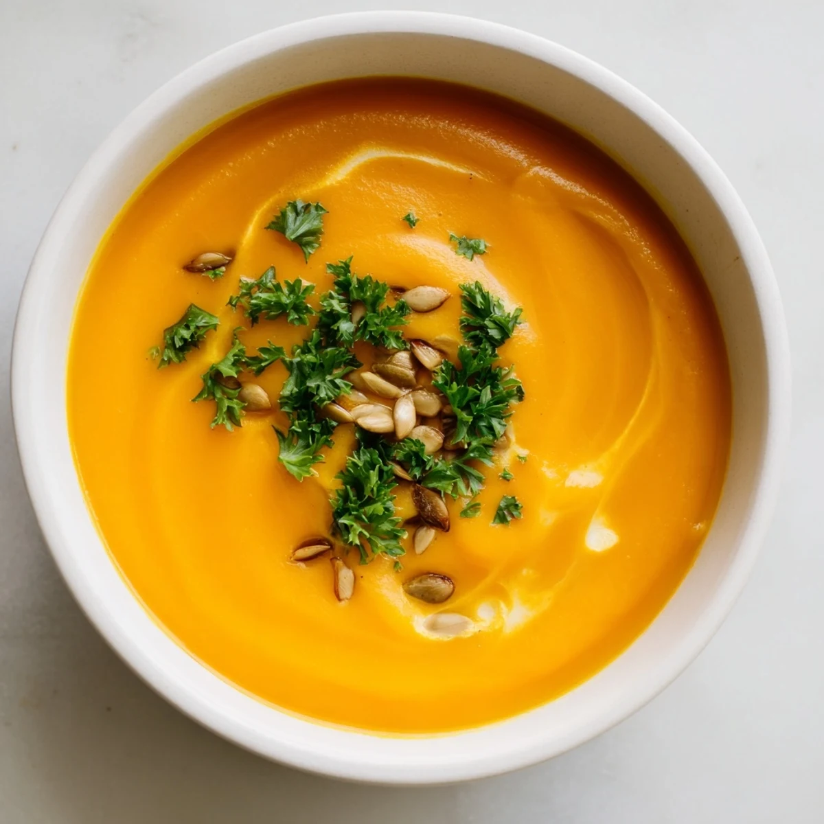 Creamy Butternut Squash & Pear Soup topped with chives offers warming flavors for your next meal.