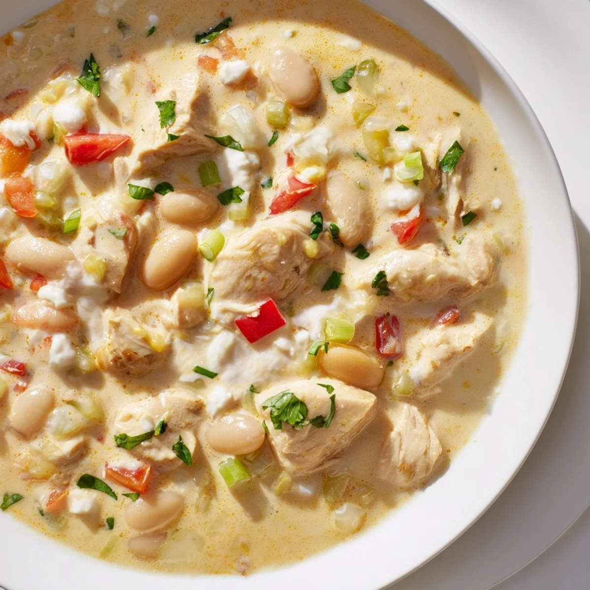 Creamy White Chicken Chili with beans, a hearty soup topped with fresh cilantro, ready to eat!