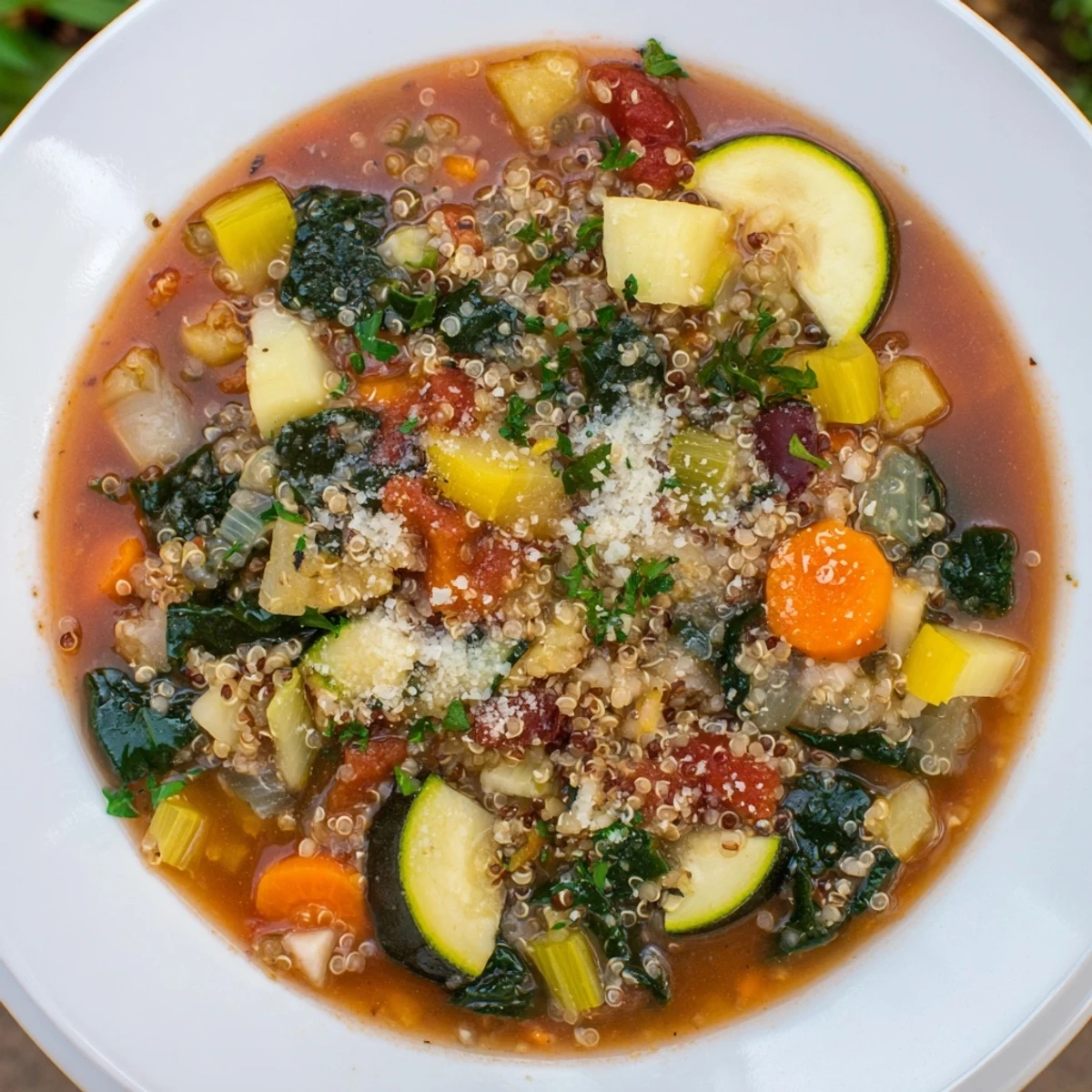 Close-up of bubbling Minestrone with Quinoa: a flavorful, nourishing soup simmering in a pot.