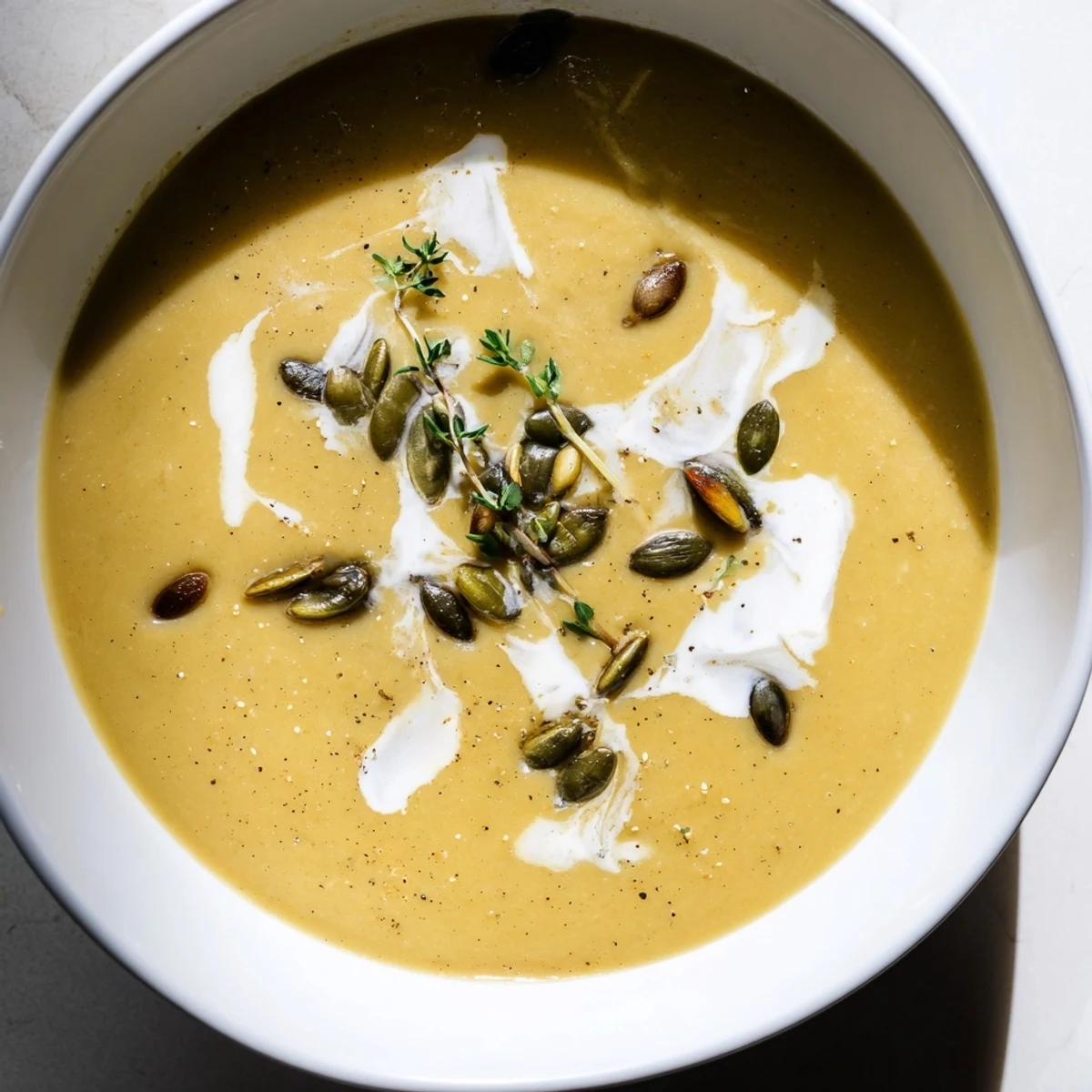 Close-up of a creamy roasted acorn squash soup, garnished and ready to be served.