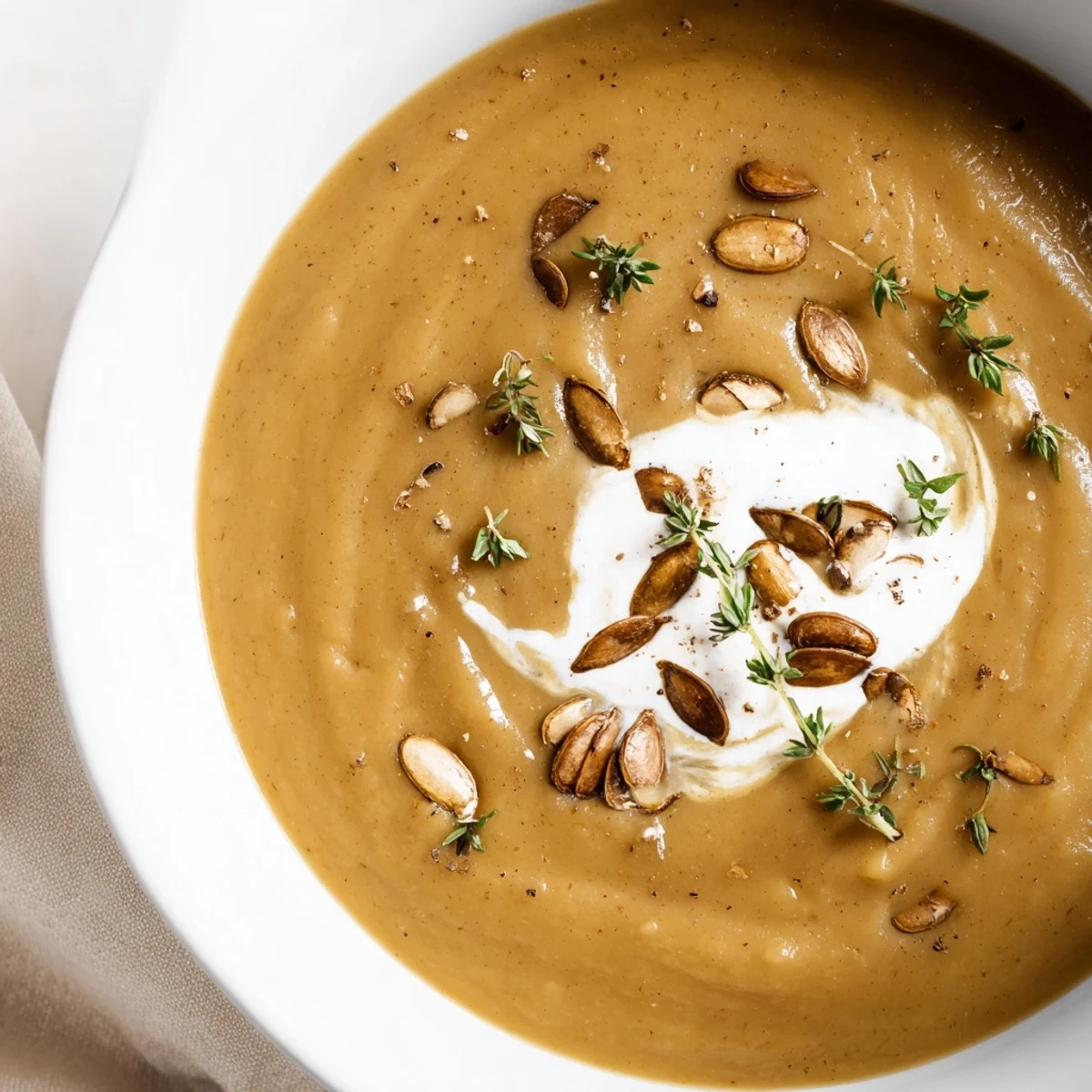 Warm bowl of creamy roasted acorn squash soup, topped with pepitas and fresh herbs.