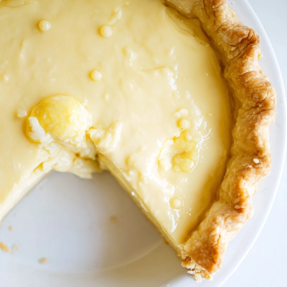 A slice of golden Water Pie, boasting a creamy custard texture and simple ingredients.