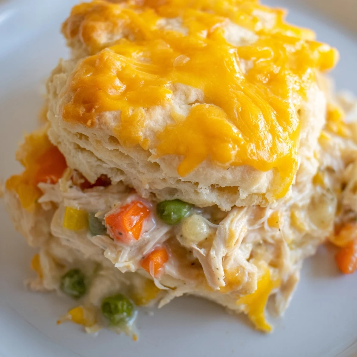 Golden cheddar biscuits sit atop bubbling One-Pan Chicken Cobbler, a hearty and comforting meal.