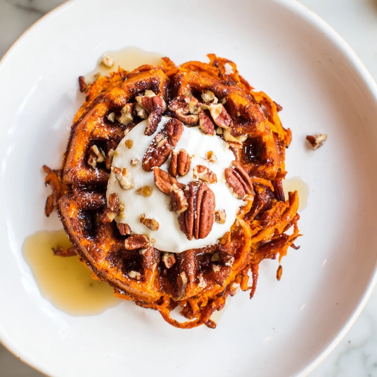 A stack of fluffy Sweet Potato Waffle Hack inviting you to taste the wholesome, sweet breakfast.