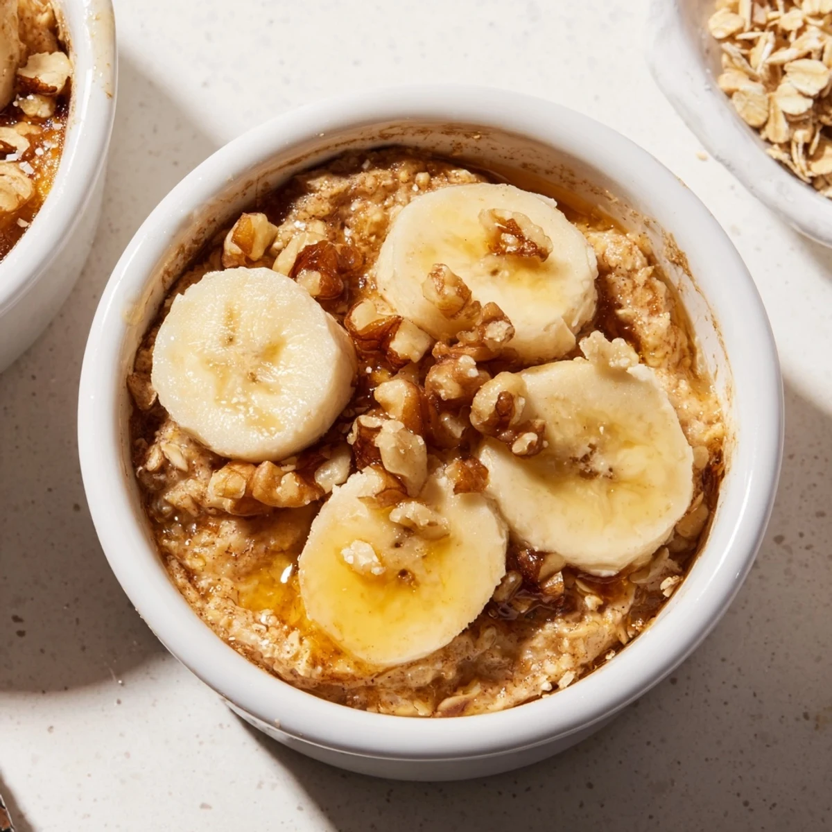Individual Baked Oats Ramekins with warm bananas, perfectly set, offering a rich and comforting breakfast.