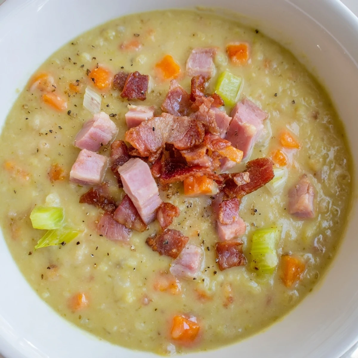 Hearty split pea soup with ham and bacon: a steaming bowl featuring crispy bacon and tender veggies.