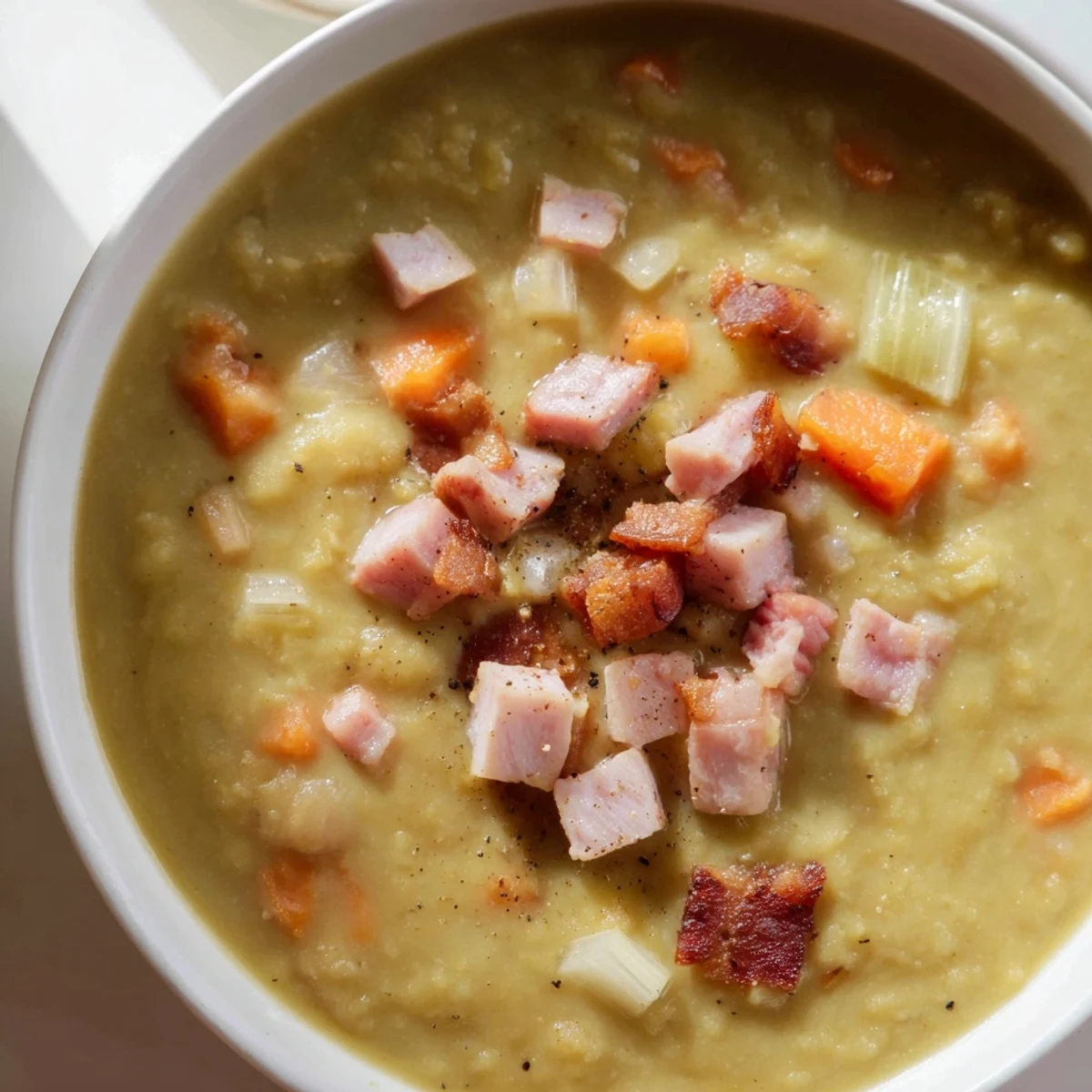 Smoky split pea soup with canned ham: imagine the rich, savory broth, topped with crumbled bacon pieces.