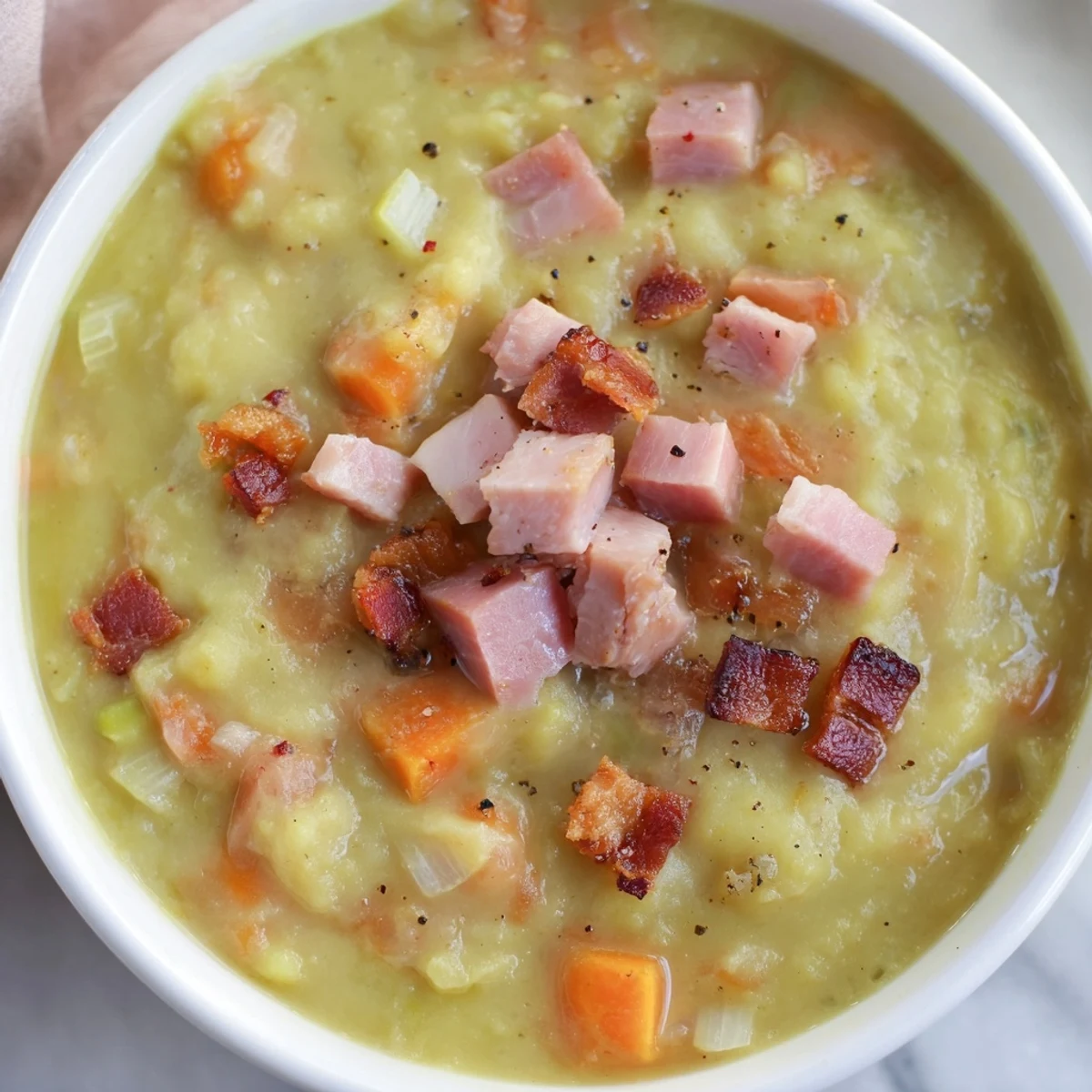 Homemade split pea soup, loaded with ham and bacon, and ready for a comforting, warming meal.