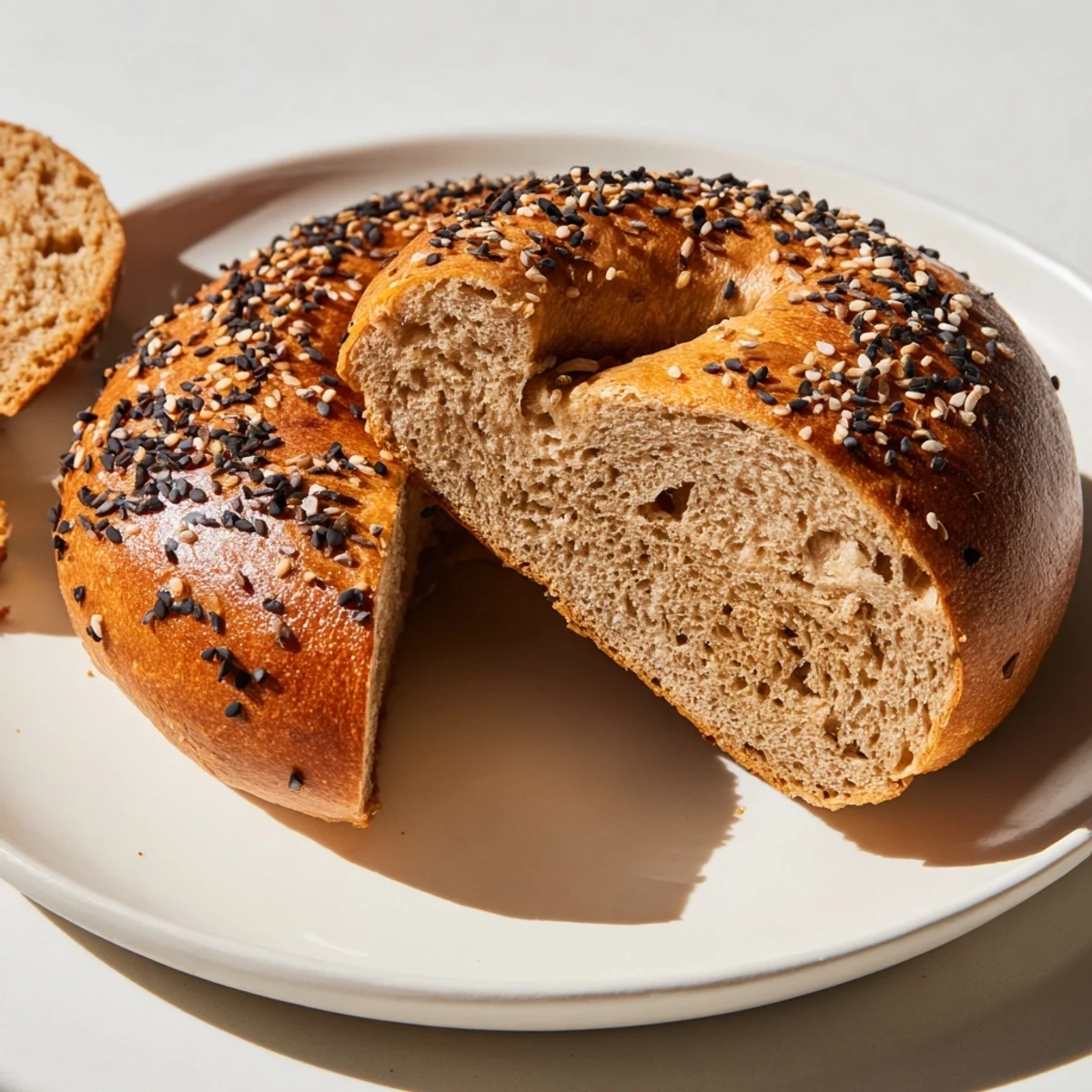 A close-up of perfectly baked homemade budget bagels, ready to be sliced and enjoyed with cream cheese.