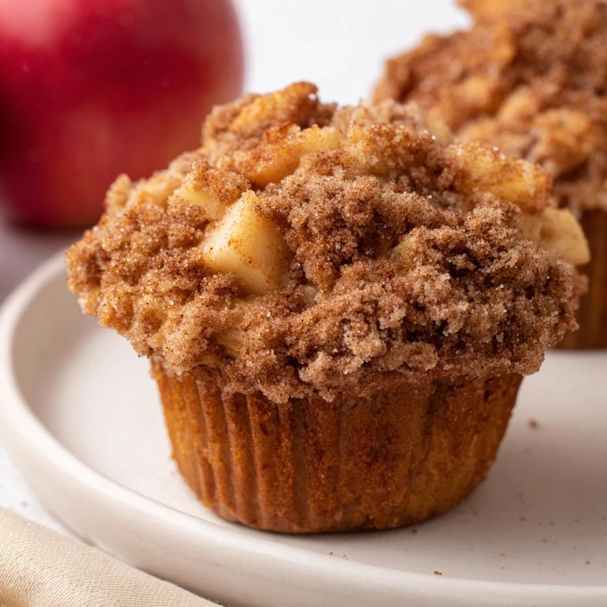 Fluffy cinnamon apple muffins, perfectly domed, with a cinnamon-sugar topping ready to enjoy.