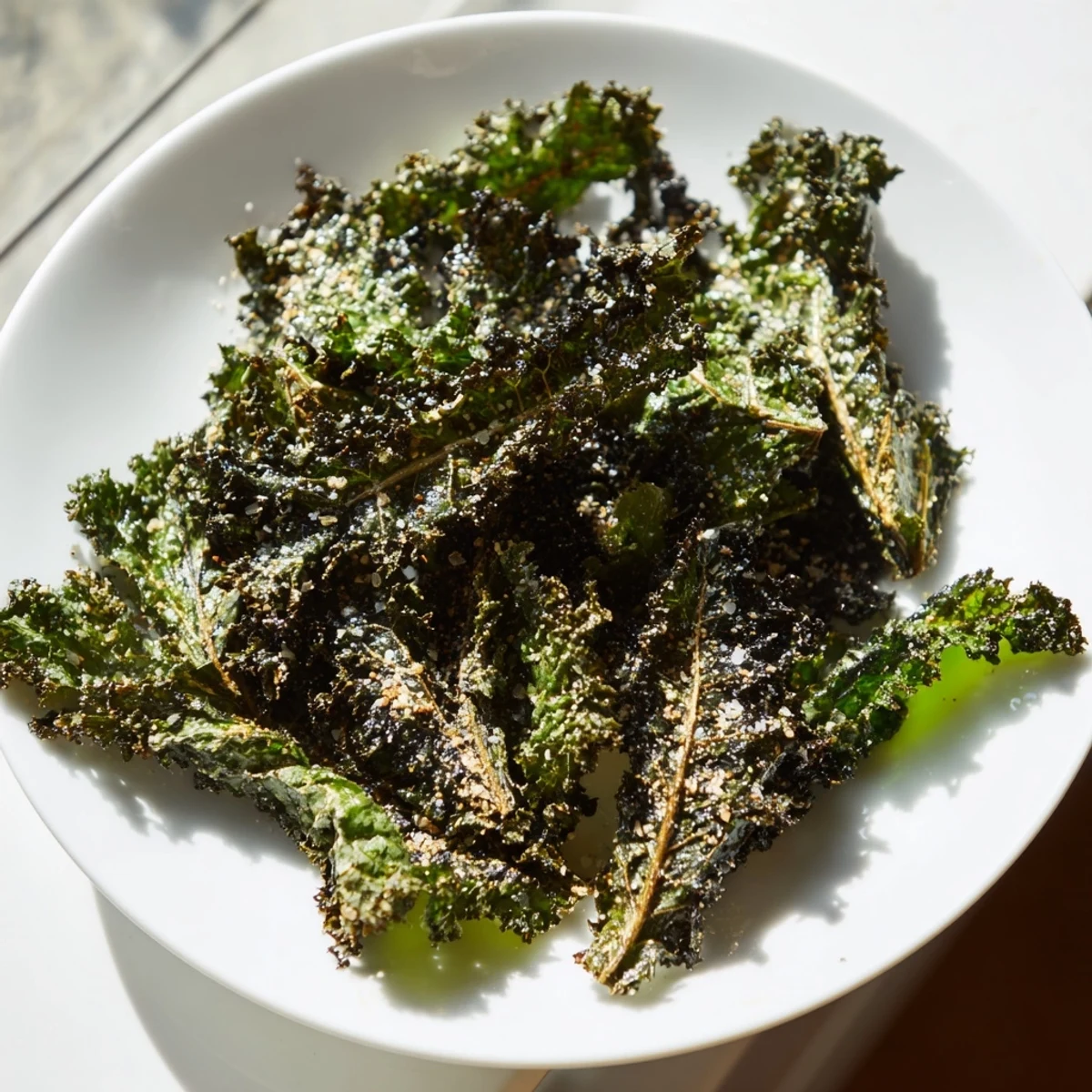 Freshly baked kale chips, visually appealing, offering a delightful texture, perfect for a vegan appetizer.