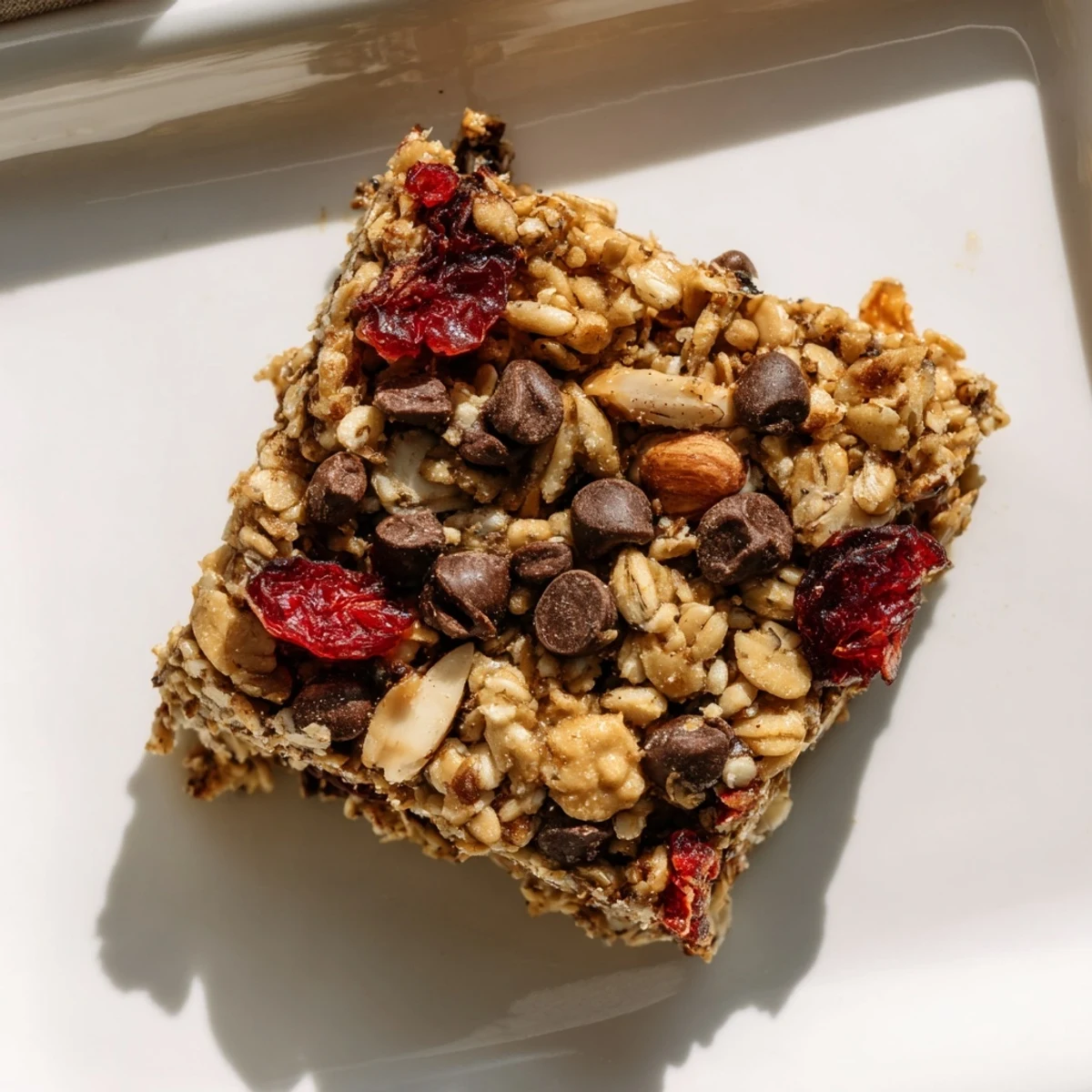 Golden-brown, chewy homemade granola bars, studded with seeds and chocolate chips, ready to eat.