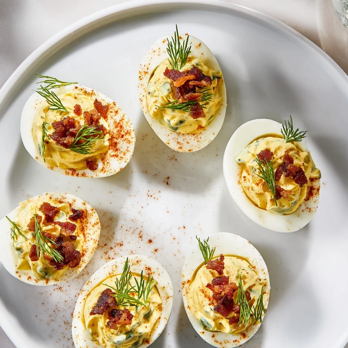 Loaded deviled eggs, a classic appetizer with creamy filling and smoky paprika garnish.