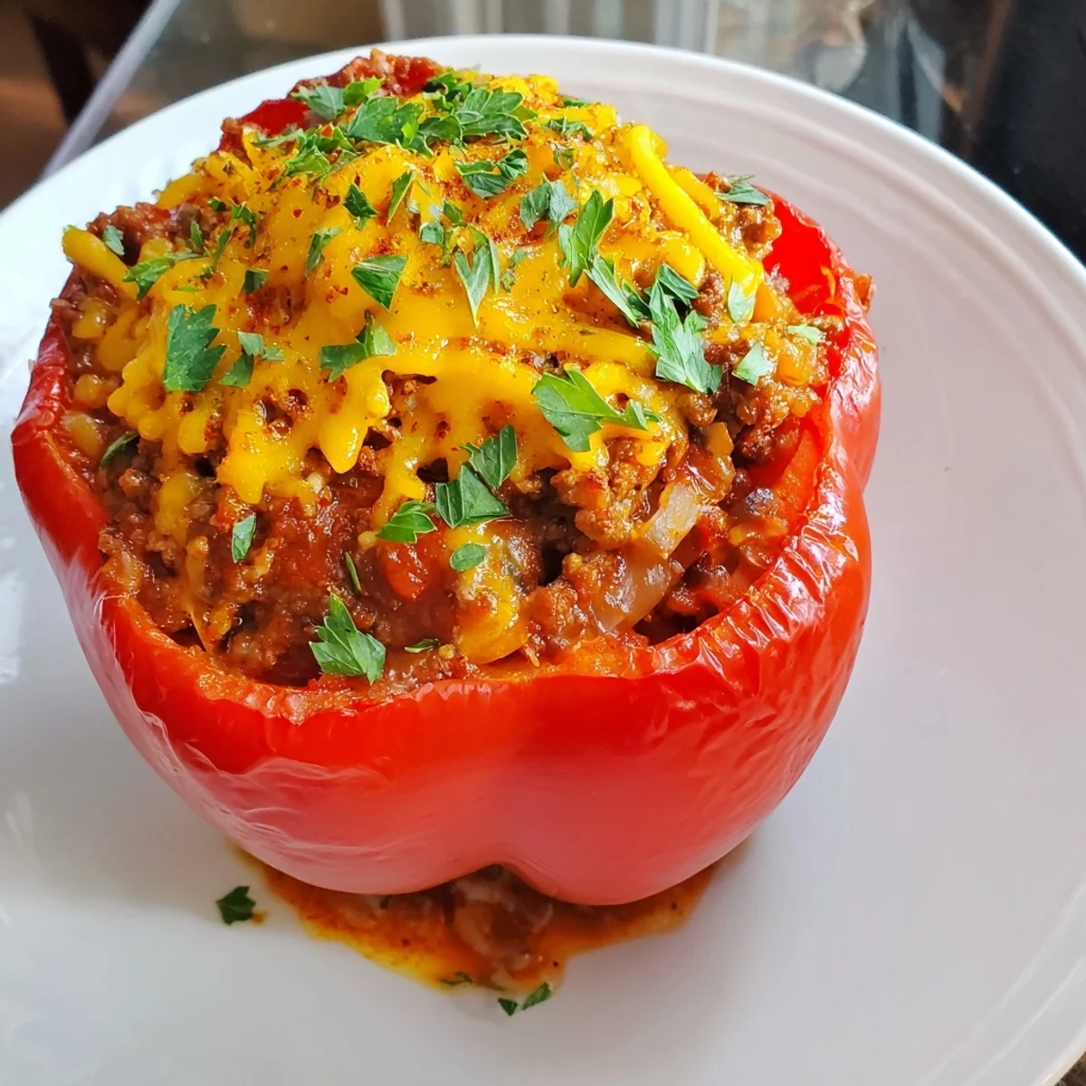 Golden-brown Sloppy Joe Stuffed Peppers overflowing with a savory meat filling, ready to serve as a meal.