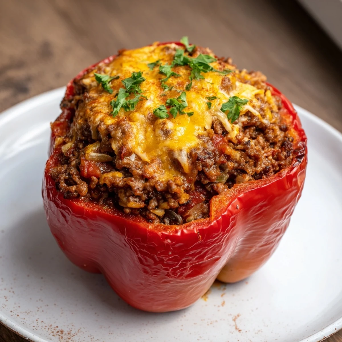 A close-up shot of baked Sloppy Joe Stuffed Peppers, bubbling cheese, and a colorful pepper.