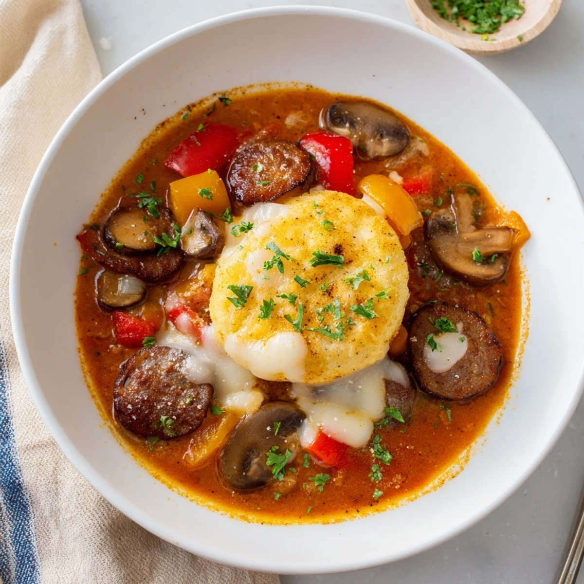 This visually appealing Pizza Pot Pie Soup mashup captures the savory mix of flavors and textures in each spoonful.