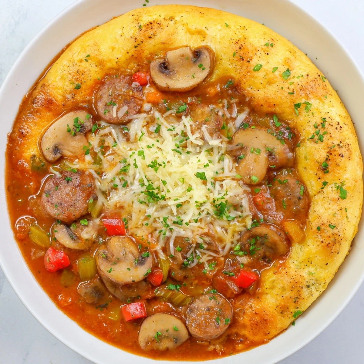 Warm and comforting Pizza Pot Pie Soup with a golden baked bread topping, a perfect easy-to-make dinner.