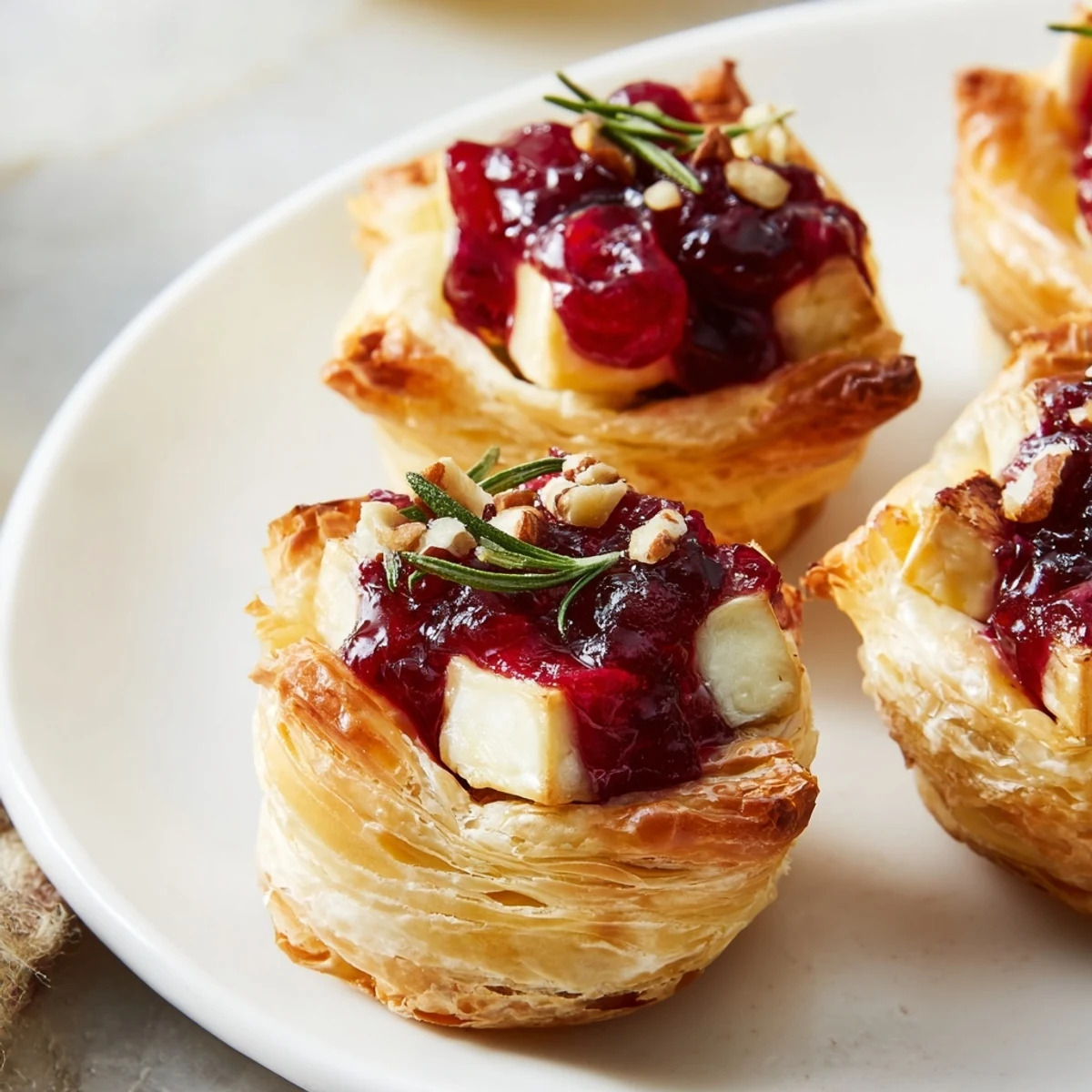 Warm, golden Quick Cranberry Brie Bites with bubbly cheese and sweet cranberry atop flaky pastry.
