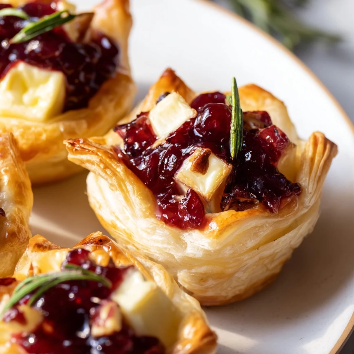 Delicious close-up of baked Quick Cranberry Brie Bites, showcasing creamy Brie and vibrant cranberry filling.