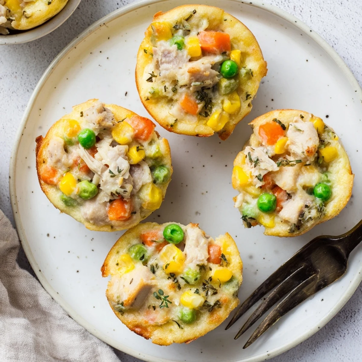 Close-up of fluffy Mini Chicken Pot Pie Cornbread Muffins, perfect for a comforting snack.