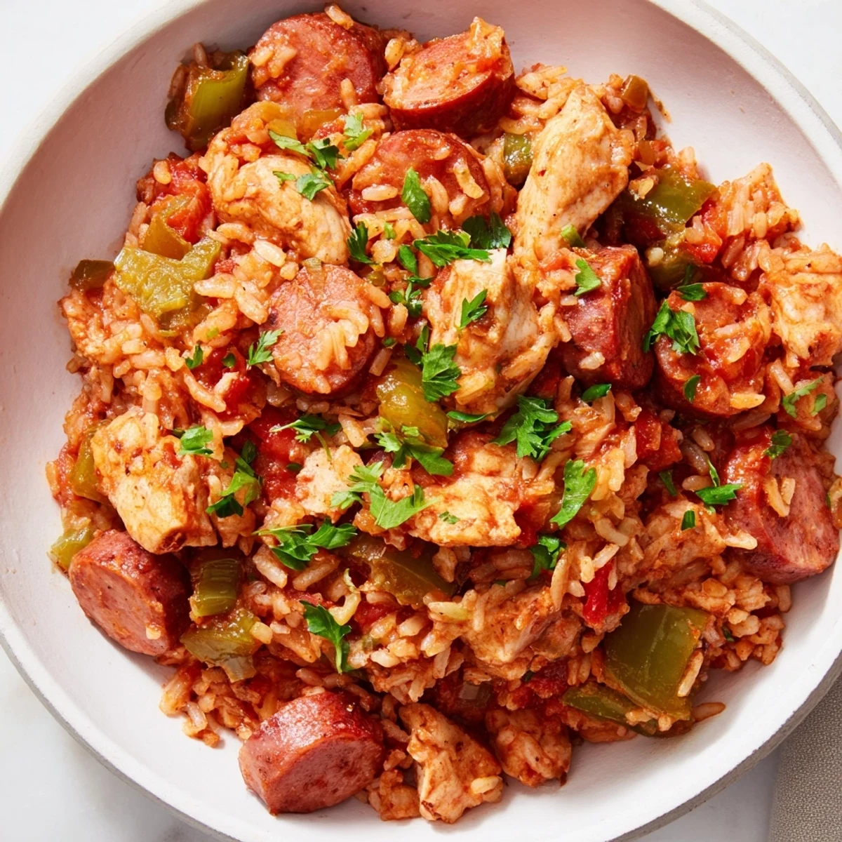 Golden-brown Simple Chicken and Sausage Jambalaya Bake, brimming with savory chicken, sausage, and rice.