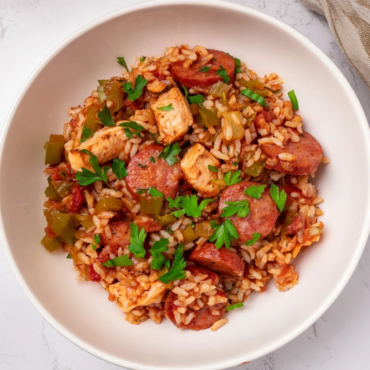 A warm bowl of Simple Chicken and Sausage Jambalaya Bake, fragrant with herbs and spices, and ready to serve.