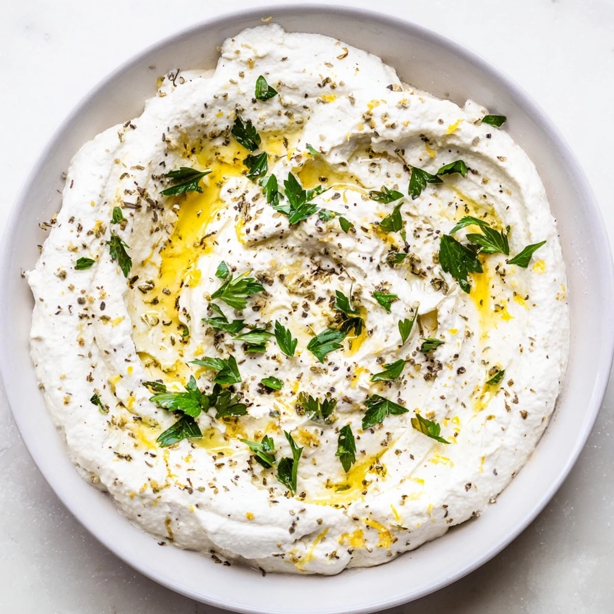 Creamy, vibrant whipped feta with Greek seasoning, garnished, ready to scoop with pita chips.