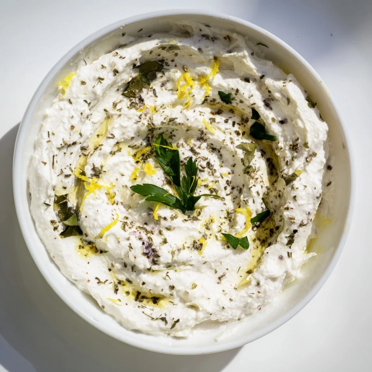 Fresh herbs dot the surface of this whipped feta appetizer, inviting a delicious taste.