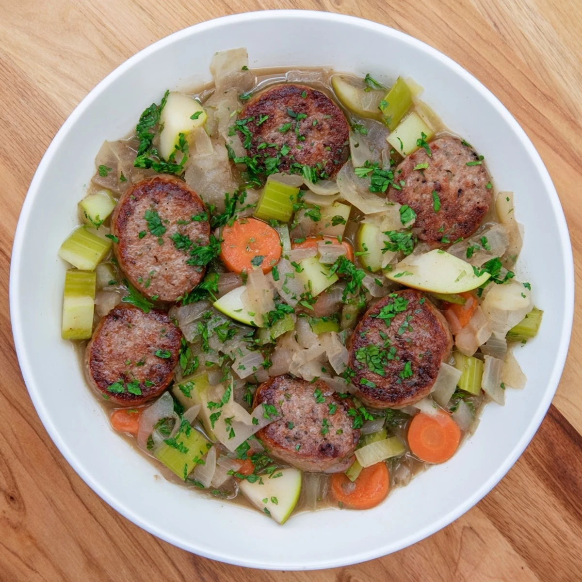 Golden-brown sausage and tender celery in a warm Stovetop Sausage, Celery, and Apple Hotpot, ready to enjoy.