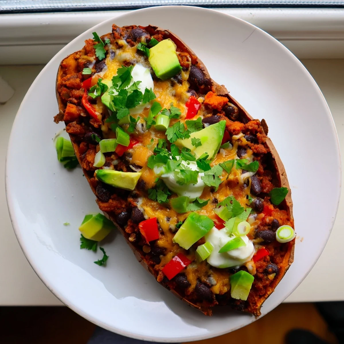 A close-up of fully loaded Savory Baked Sweet Potato Chili Boats, ready for a delicious, comforting dinner.
