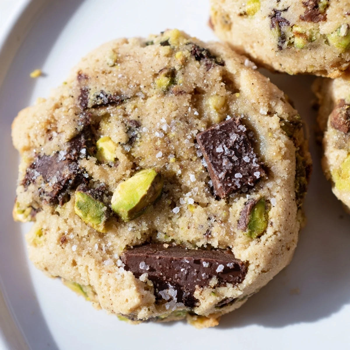 Golden-edged salted pistachio chocolate chunk shortbread, a delightful treat for any occasion.