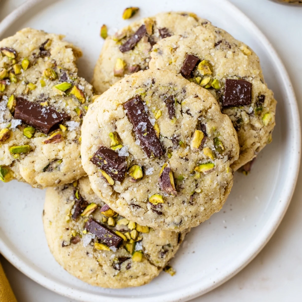 Close-up of freshly baked salted pistachio chocolate chunk shortbread, highlighting the flaky sea salt.