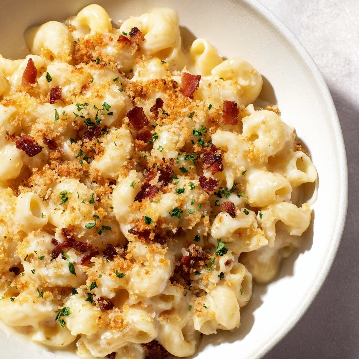 Golden-brown sheet pan mac and cheese with a crispy bacon crumble, perfectly cheesy.