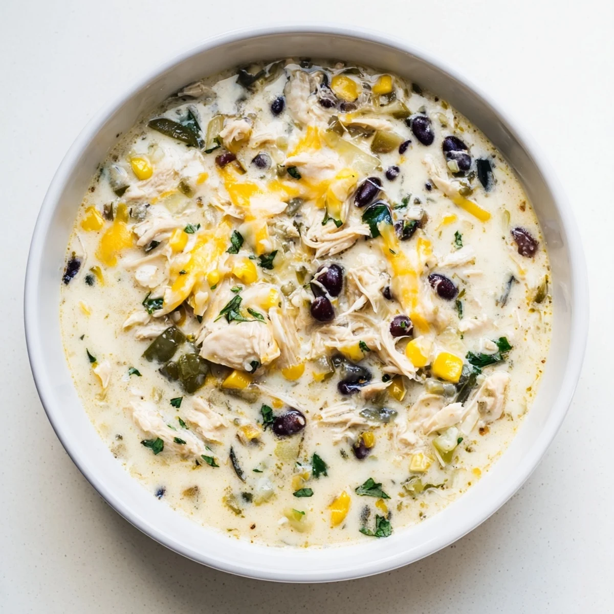 A steaming bowl of Chicken Poblano Soup, garnished with fresh cilantro, ready to be enjoyed.