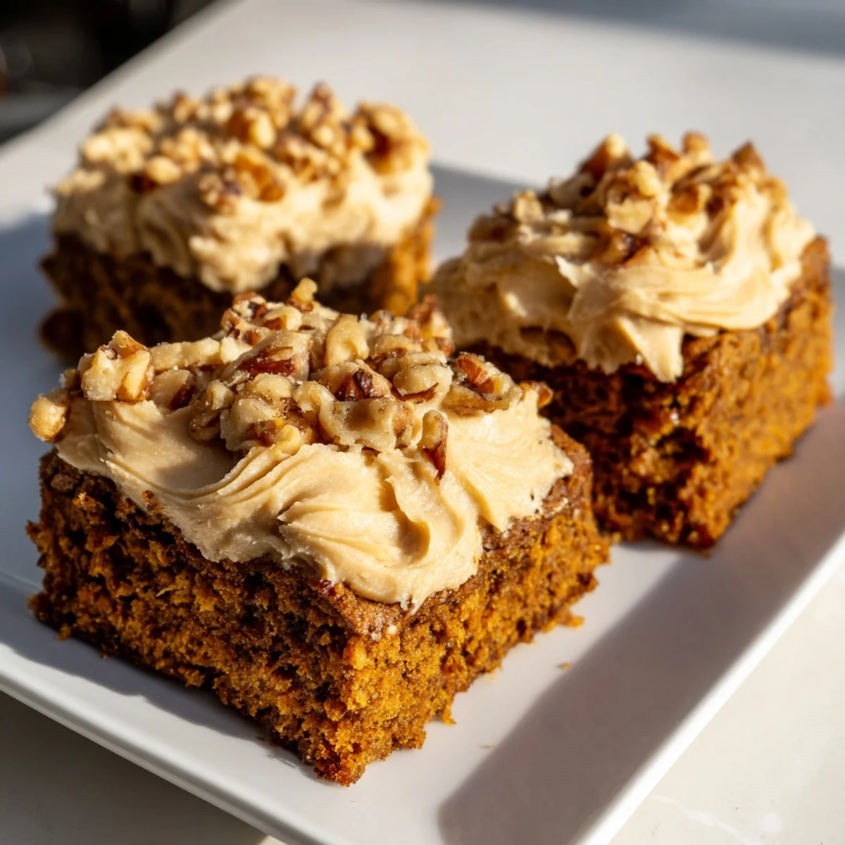 Moist Pumpkin Bars with brown sugar frosting, topped with toasted nuts, ready to serve as a fall dessert.