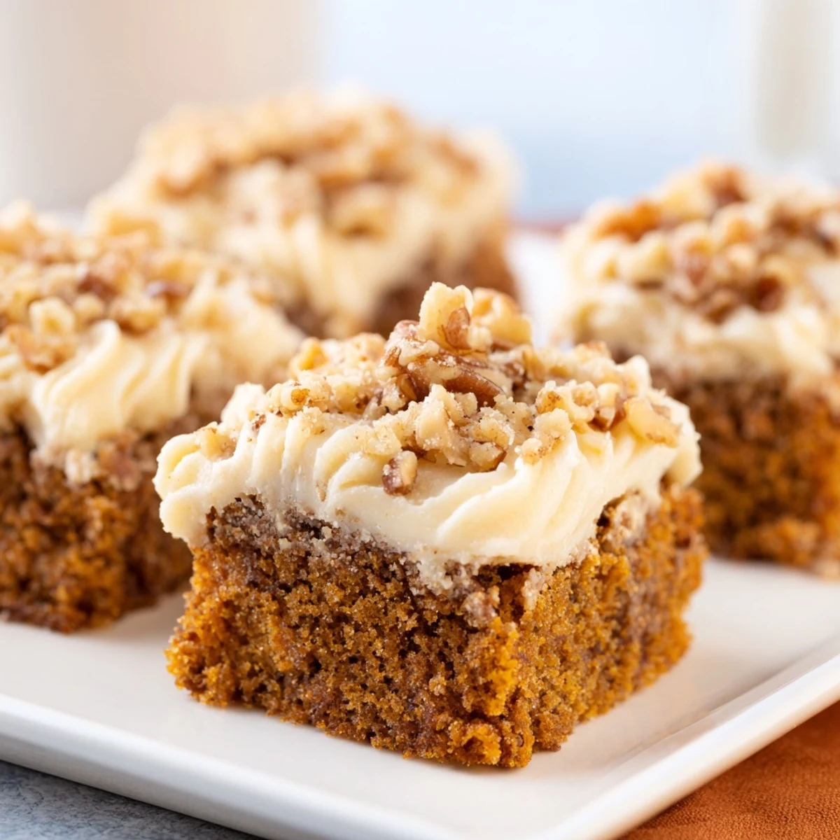 Enjoy the decadent, creamy frosting on these homemade Pumpkin Bars, a cozy autumn recipe.